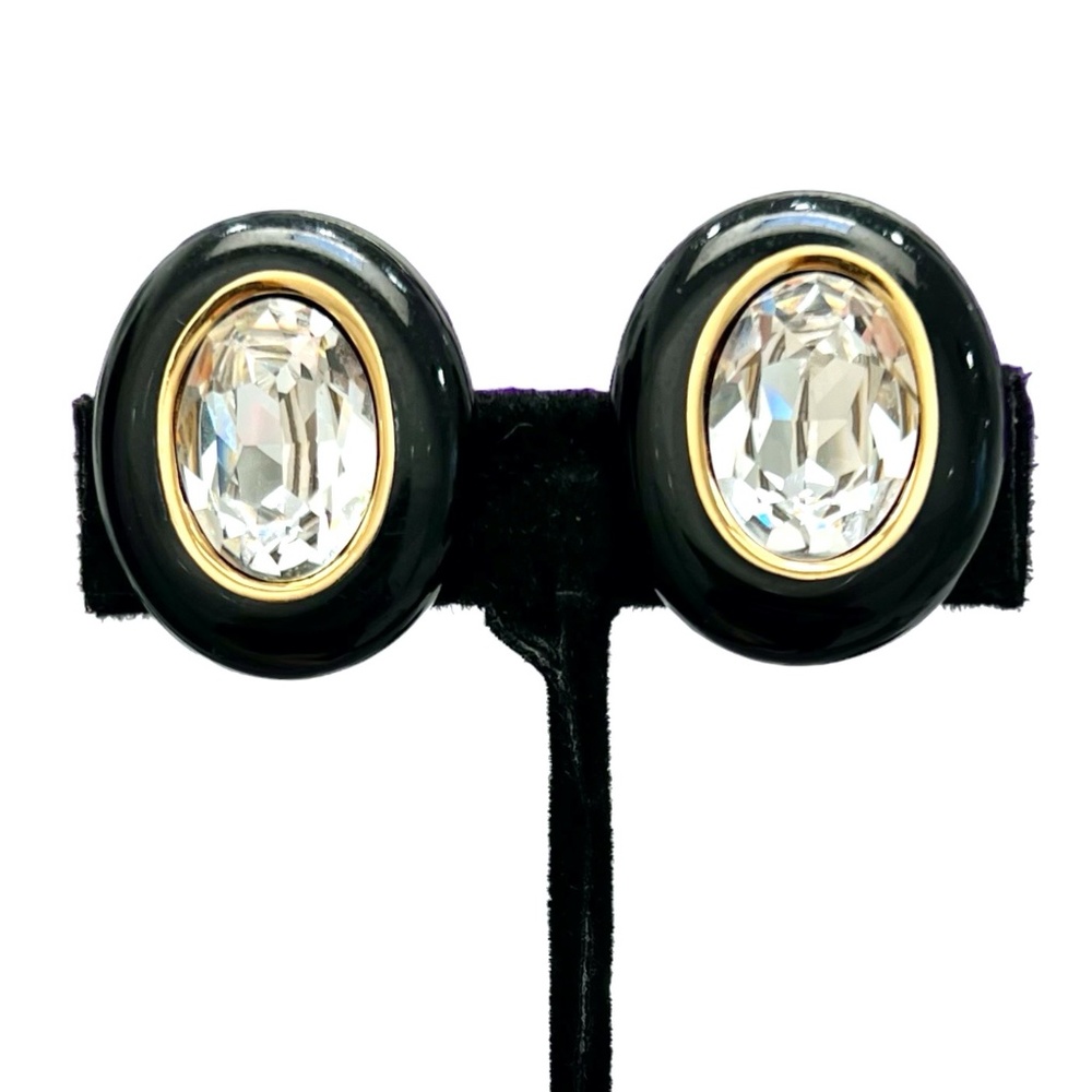 CHRISTIAN DIOR BLACK ENAMEL & FACETED CRYSTAL OVAL CLIP ON EARRINGS